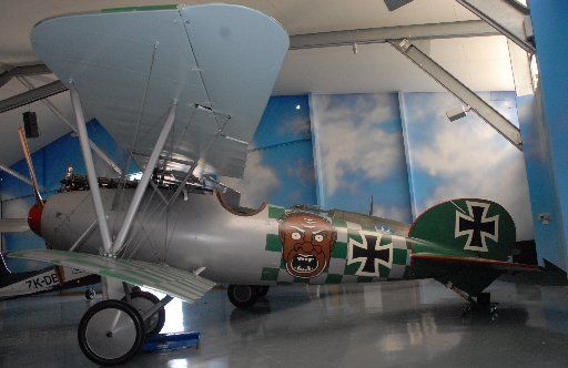 FIERCE FIGHTER: The World War I Albatros DVa aircraft complete with a startling face on its fuselage will be one of four new aircraft that will be flown at the Remembrance Day Airshow at Hood Aerodrome on Saturday. — NATHAN CROMBIE/Wairarapa Times-Age.