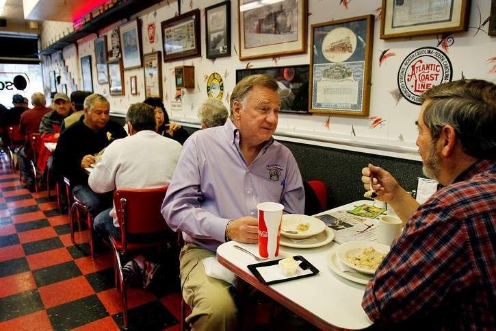 Al Harper, owner of the Durango & Silverton Narrow Gauge Railroad, left, starts his work day at Oscar's Restaurant talking railroad business with Marc Saehir, right, special project manager at the railroad.  Photo: SHAUN STANLEY/The Durango Herald.