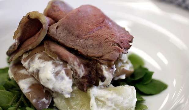 RARE TREAT: Robyn Trowern uses sirloin beef for this long-named salad.  CAMERON BURNELL/Taranaki Daily News.