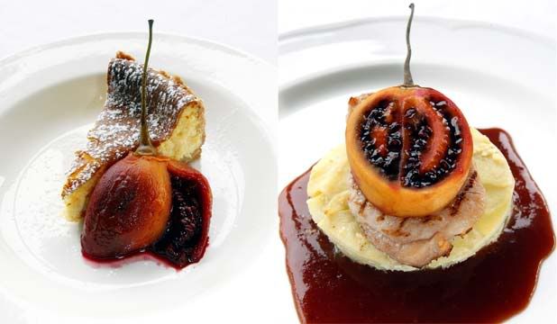 TAMARILLOS: Use poached fruit to tart up a New York-style baked cheesecake (left). Pork and tamarillo sit atop Delmonico Potatoes (right), which were once a favourite at former New Plymouth restaurant Penny's.  MARK DWYER/Taranaki Daily News.