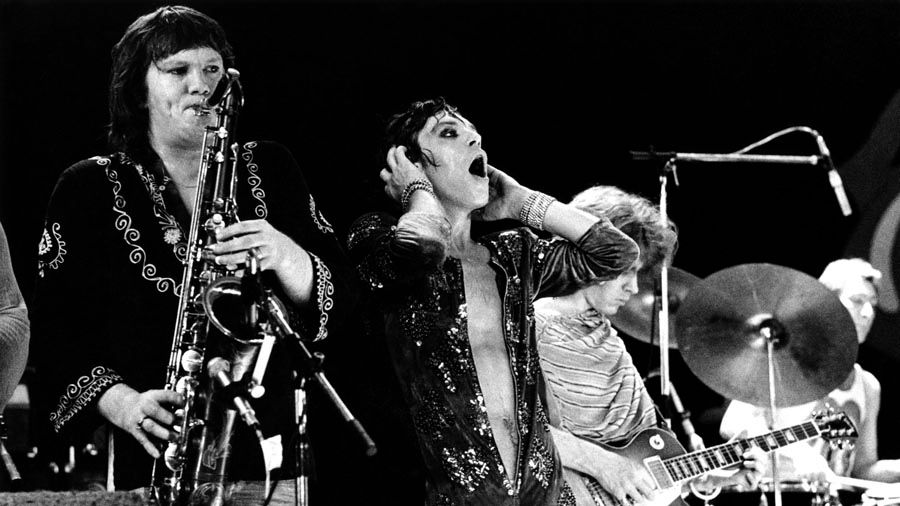 Bobby Keys, left, Mick Jagger, Mick Taylor and Charlie Watts of the Rolling Stones perform live onstage at Newcastle City Hall in the United Kingdom on September 13th, 1973. — Photo: Ian Dickson/Redferns.