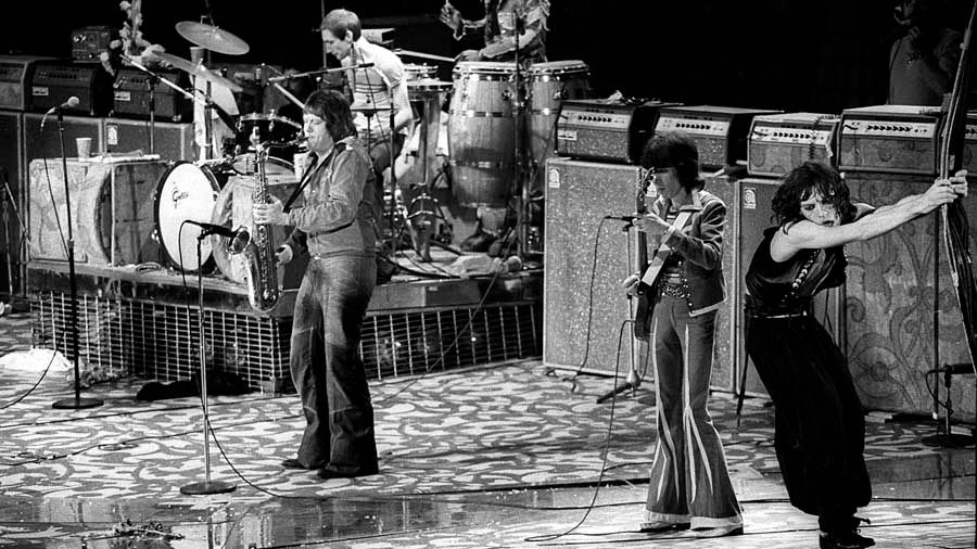 Bobby Keys and The Rolling Stones perform at the Inglewood Forum in 1975. — Photo: Tony Barnard/Los Angeles Times.