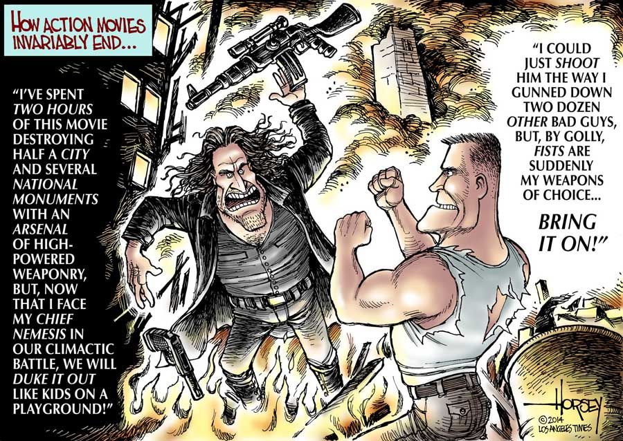 Hollywood action movies — could they be any worse? — Cartoon: David Horsey/Los Angeles Times.