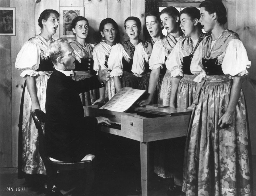 The Von Trapp Family Singers in 1948 — from left, Baroness Maria von Trapp and her daughters, Johanna, Eleanore, Agathe, Hedwig, Rosmary, Martina, and Maria.