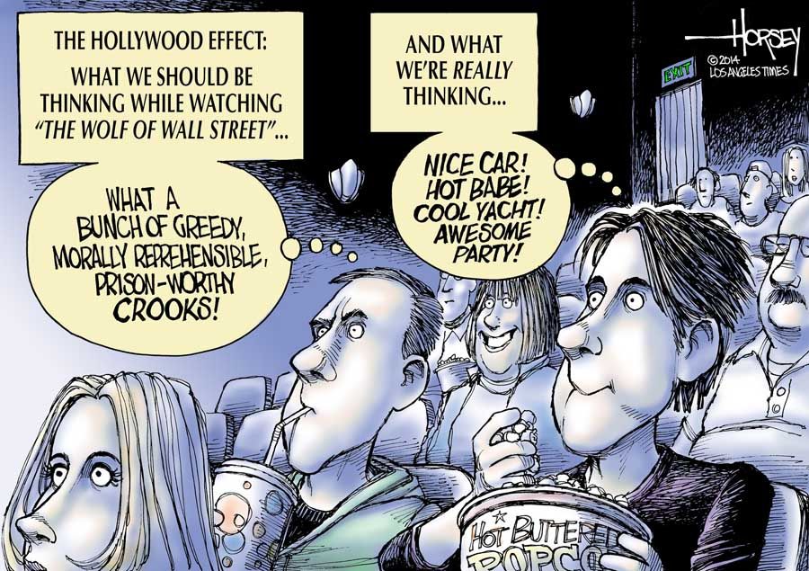 Director Martin Scorsese's “Wolf of Wall Street” presents filthy greed and wretched excess in a way that seems to excite moviegoers. — Cartoon: David Horsey/Los Angeles Times.