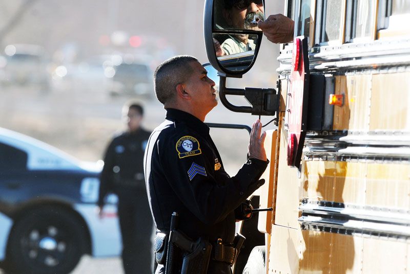 Law enforcement personel set up a perimeter after a shooting on Tuesday at Berrendo Middle School in Roswell, New Mexico. — Photo: Mark Wilson/Roswell Daily Record.