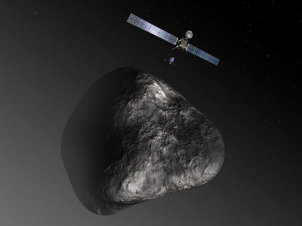 Arist rendering of the Rosetta spacecraft deploying the Philae lander to Comet 67P/Churyumov-Gerasimenko.  Picture: European Space Agency.