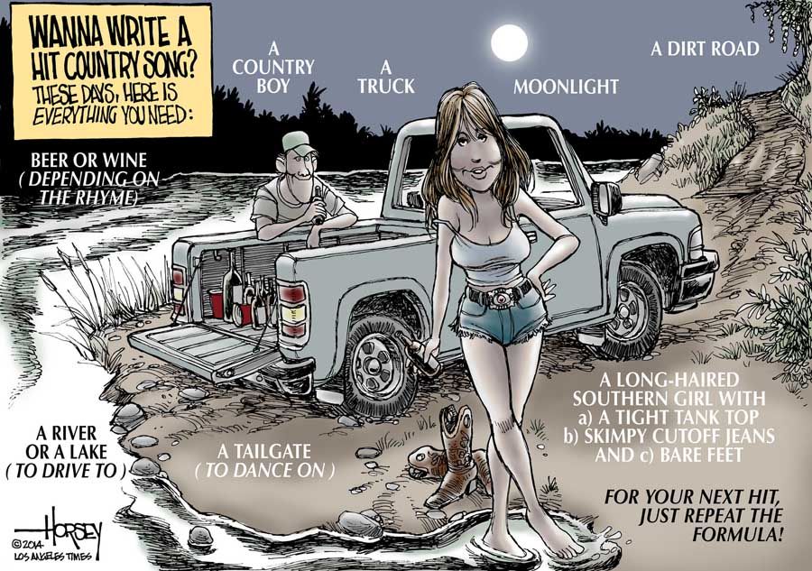 Here's an easy formula for a hit bro-country song: a guy, a gal and a truck. — Cartoon: David Horsey/Los Angeles Times.