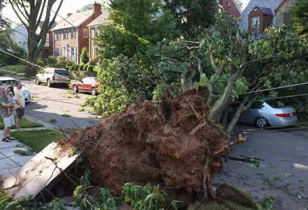 An uprooted tree lies across a street near American University after a violent storm passed Friday through Washington, D.C. — Photo: Mandel Ngan/AFP/GettyImages/June 30, 2012.