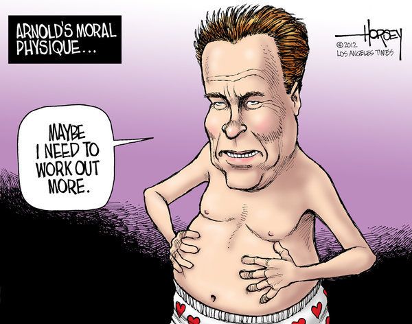 Arnold Schwarzenegger's “Total Recall” proves he is a moral girlie man. — Cartoon: David Horsey/Los Angeles Times.