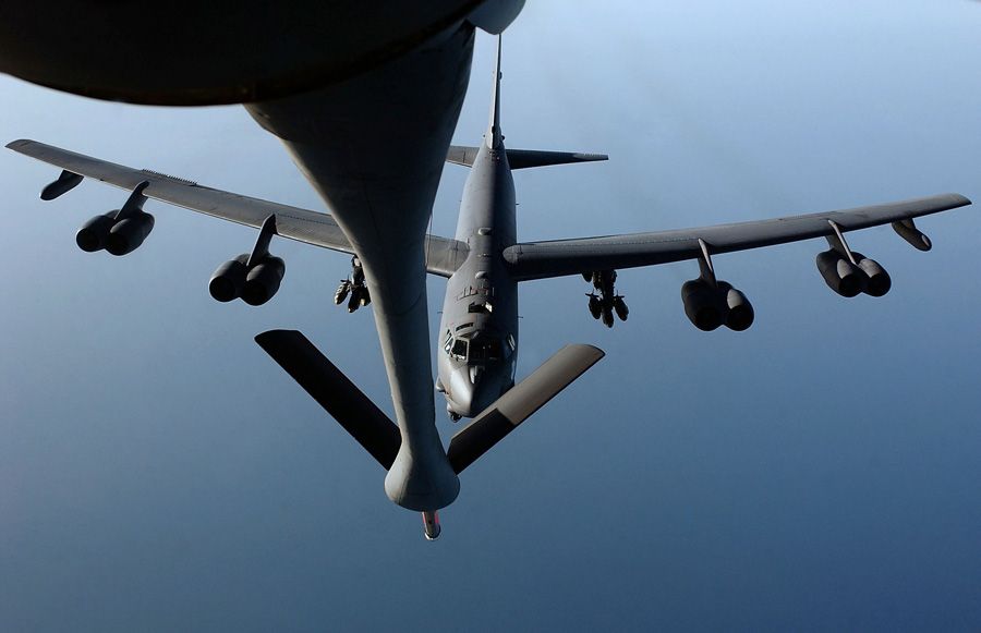 A B-52 bomber receives fuel from a KC-135 Stratotanker over the Indian Ocean. — Photo: Cherie A. Thurlby/U.S. Air Force.