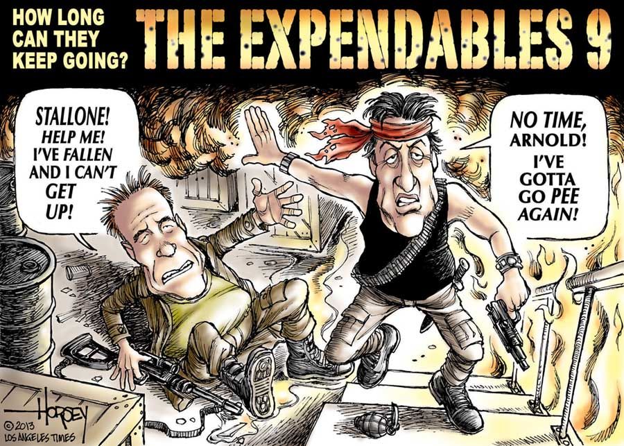 Stallone and Schwarzenegger are back in action, but should there be an age limit for action heroes? — Cartoon: David Horsey/Los Angeles Times.