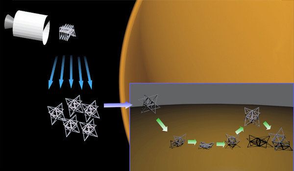 This conceptual illustration from NASA shows how the foldable robots would land and explore the surface of another planet or moon.  Picture: NASA.