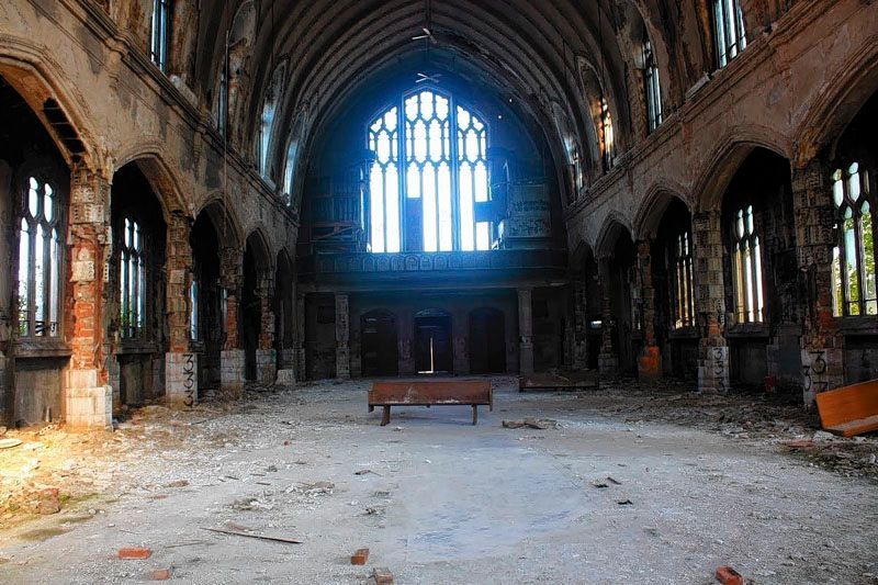 Jesse Welter frequently takes visitors to this abandoned church in Detroit, which has been stripped of all but one pew.