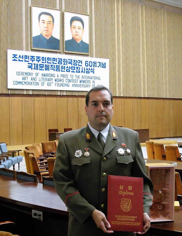 Alejandro Cao de Benos accepts a literary prize in Pyongyang, North Korea. Cao de Benos, a Spanish aristocrat, is a special delegate in North Korea's Foreign Ministry.