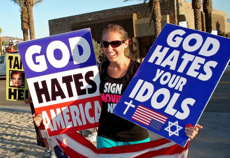 In 2007, Libby Phelps takes part in a Westboro Baptist Church demonstration at Tammy Faye Bakker's memorial in Rancho Mirage, California.  Photo: Megan Phelps-Roper.