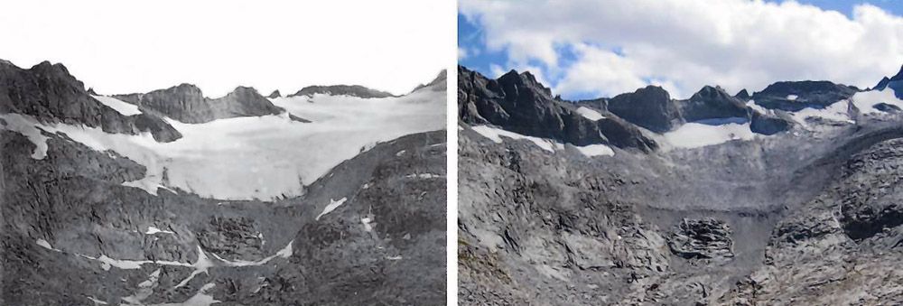 The photo on the left of Lyell Glacier in Yosemite National Park was taken by the U.S. Geological Survey in 1983; the one on the right was taken by park geologist Greg Stock in late September. — Photos: U.S. Geological Survey/Greg Stock.
