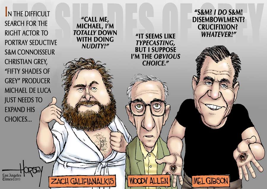 Now that Charlie Hunnam has dropped out, the race is on to find a male lead for “Fifty Shades of Grey”. — Cartoon: David Horsey/Los Angeles Times.