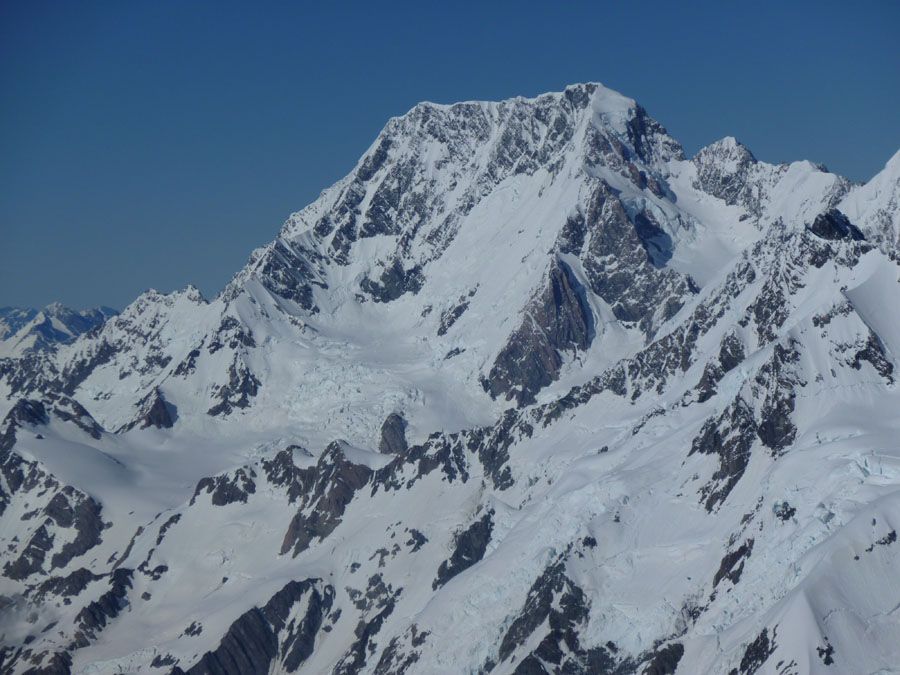 Aoraki-Mount Cook. The East Ridge is visible rising from the left of the photograph to the Middle Peak of the mountain.