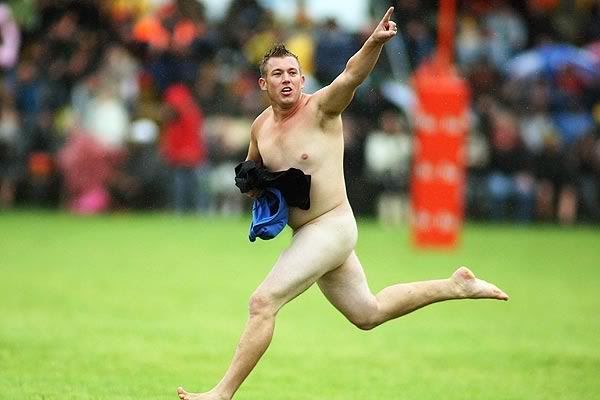 THE NAKED TRUTH: A streaker bursts across the field at Mangatainoka during the Blues v Hurricanes pre-season Super 14 game.