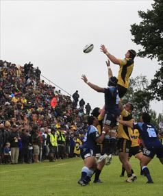 UP IN THE AIR: Hurricanes and Blues players contest a lineout during their Super 14 pre-season game in Mangatainoka on Saturday. — JONATHAN CAMERON/Manawatu Standard.