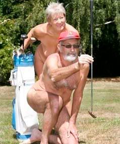 BUFF: Kay Hannam and Brian Williams from Wai-natur Naturist Park gets some practice in for Sunday's Nude Golf International Tournament.  DEREK FLYNN/The Marlborough Express.