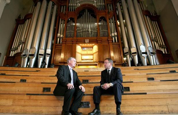 FORMER GLORY: Auckland Town Hall Organ Trust chairman Stephen Hamilton, left, and Auckland mayor John Banks discuss the newly refurbished organ.  Photo: Jason Oxenham.