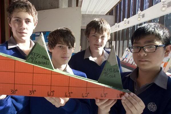 MOUNTAIN HIGH: Christchurch Boys' High School pupils Mathew Clarke, left, Griffin Foster-Morris, Ben Cartwright and Eugene Yang say mountain height is a matter of perspective. — DEAN KOZANIC/The Press.