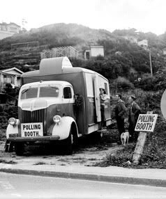DEMOCRATIC DUTY: A mobile library became a polling booth for day, in May 1950.  Photo: 114/145/13-G, Evening Post Collection/Alexander Turnbull Library.