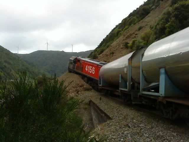 STOPPED: The aftermath of a freight train hitting a landslip in the Manawatu Gorge.