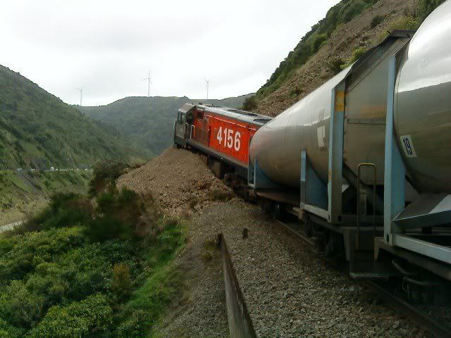 STOPPED: The aftermath of a freight train hitting a landslip in the Manawatu Gorge.