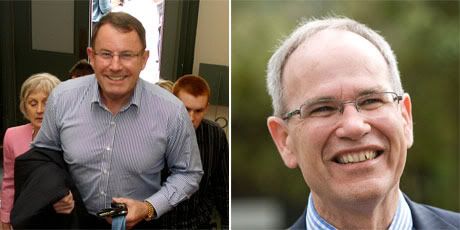 John Banks arriving at his Auckland Town Hall headquarters today (left) and Super City election winner Len Brown. — Photos: Natalie Slade & NZ Nerald.