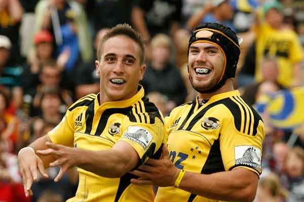 Andre Taylor, left, celebrates with Jayden Hayward after scoring for the Hurricanes.  PHIL REID/The Dominion Post.