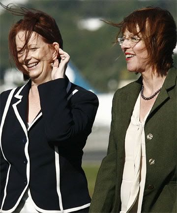 WIND ACTUALLY: Australia's Prime Minister Julia Gillard, left, is greeted by Wellington mayor Celia Wade-Brown. — PHIL REID/The Dominion Post.