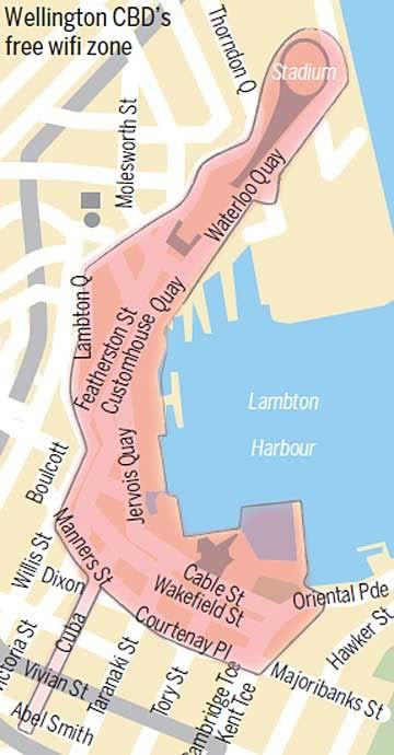 ONLINE: A map showing Wellington CBD's free wi-fi zone.