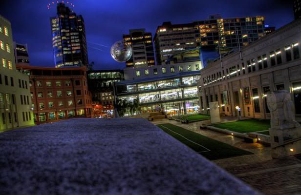 Shot from on top of a ledge, Civic Square with the iconic Ferns sculpture and Majestic Centre. — LUKE APPLEBY/Dominion Post.