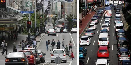 LEFT: Queen Street on a normal day. RIGHT: Custom Street traffic yesterday. — Photos: Paul Estcourt and Sarah Ivey.