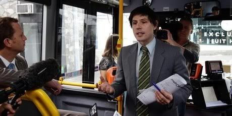 Green Party Leader Russel Norman (far left) and Green MP Gareth Hughes on the bus during the Green Party Auckland Transport Plan Launch. — Photo: Sarah Ivey.