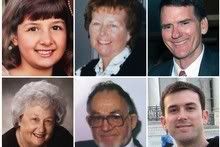The six victims, from top left: Christina Taylor Green, 9, Dorothy Morris, 76, Arizona Federal District Judge John Roll, 63; from bottom left: Phyllis Schneck, 79, Dorwin Stoddard, 76, and Gabe Zimmerman, 30.  Picture: Associated Press.