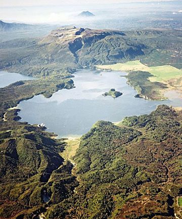 BIRD'S EYE VIEW: The Pink and White Terraces were buried underneath Lake Rotomahana, south of Rotorua, by the eruption of Mount Tarawera in 1886. Mount Edgecumbe is the volcanic cone beyond. — Photo: GNS Science.