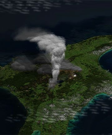 A computer-generated graphic of the Lake Taupo eruption.