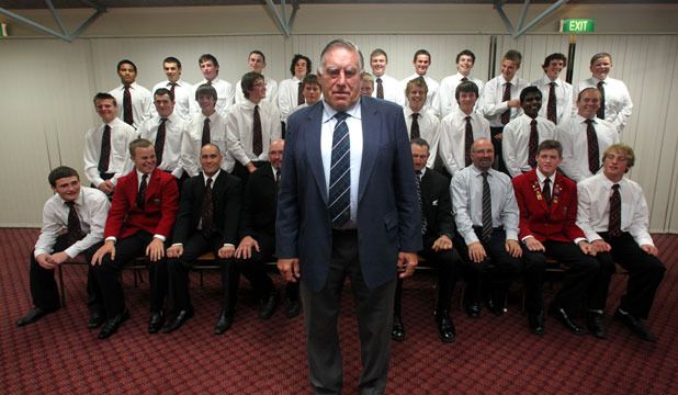 THE LINEUP: Colin Meads joins the Stratford High School First XV for their team photo.  JONATHAN CAMERON/Fairfax NZ.
