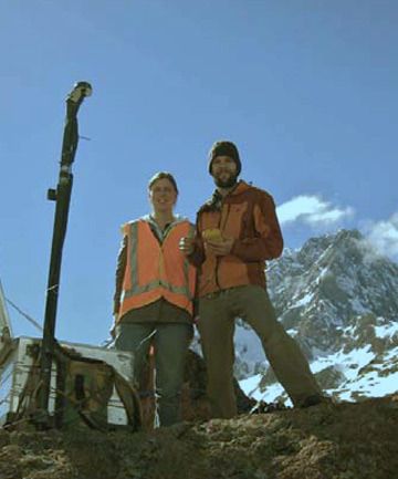 HIGH ON A MOUNTAIN TOP: Carolin Boese and Aaron Wech at one of the testing stations in the Southern Alps.