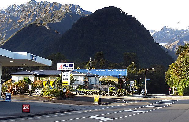 AT CENTRE: The Alpine Fault splits Franz Josef village in two, running through the forecourt of this petrol station and across the main highway.  Photo: PAUL GORMAN.