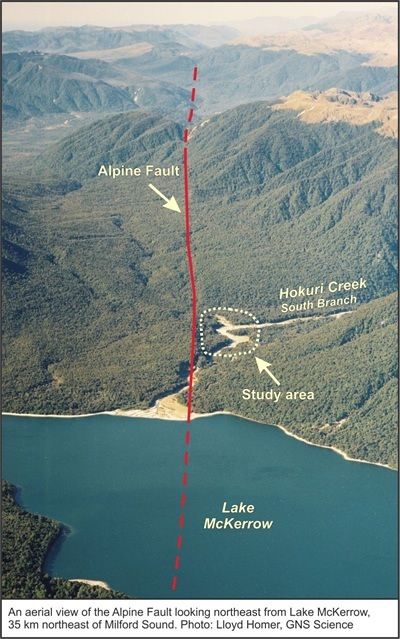 An aerial view of the Alpine Fault at Lake McKerrow.