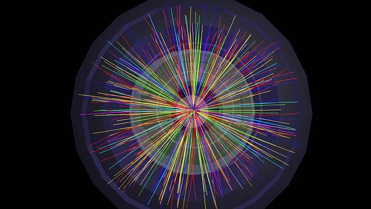 A collision event between two lead ions in the Large Hadron Collider as observed by the ALICE detector.