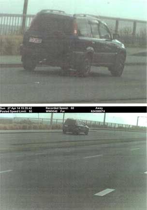 THROWN OUT: The top photo is an enlargement of the speed camera photo below. The top photo was ruled in court as inadmisable because it had been manipulated and the the number plate could not be read in the original photo.