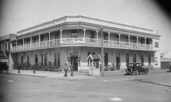 COMING DOWN: Looking much as it does today, this photograph taken circa 1921-1926, shows Hastings' oldest building, the Albert Hotel, which was built in 1882. — HENRY NORFORD WHITEHEAD/Alexander Turnbull Library.