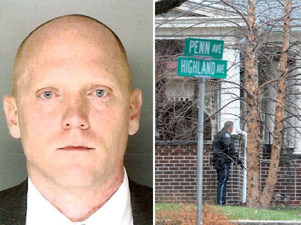 The Montgomery County District Attorney's Office released a new photo of Bradley William Stone (left), the suspected gunman who left six people dead in three Montgomery County shootings this morning. A police officer (right) stands one-half block away from a row-house on the 100 block of Penn Avenue.  Photo: Flem Murray/Philadelphia Daily News.
