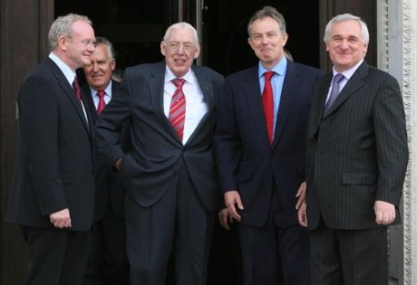 (L-R) Martin McGuinness, Dr Ian Paisley, Prime Minister Tony Blair and Taoiseach Bertie Ahern, in London, May 5th, 2007. — Photograph: Niall Carson/PA.